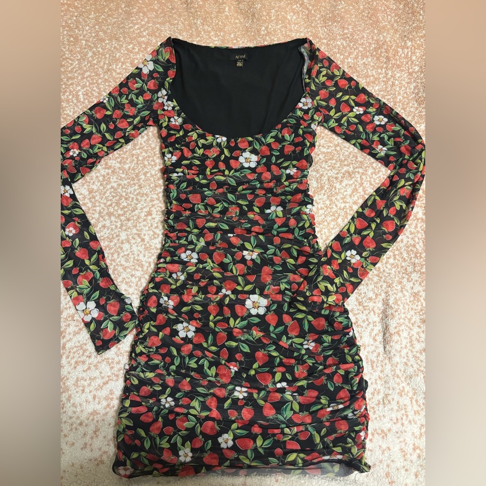 AFRM Black Dress with Red and Green Floral Pattern
